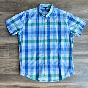 Classic Casual Blue Green Plaid Button Down Shirt Short Sleeve